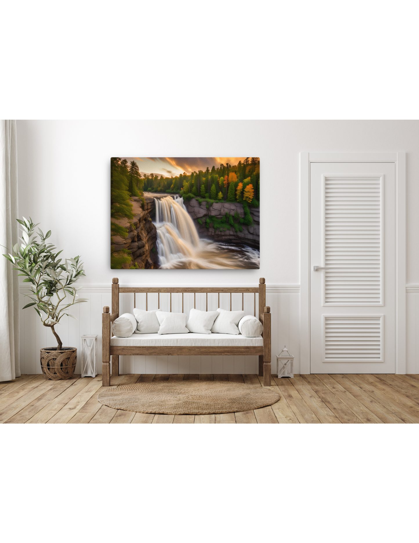 *Waterfall Sunset Landscape Canvas, Tranquil Natural Beauty Artwork