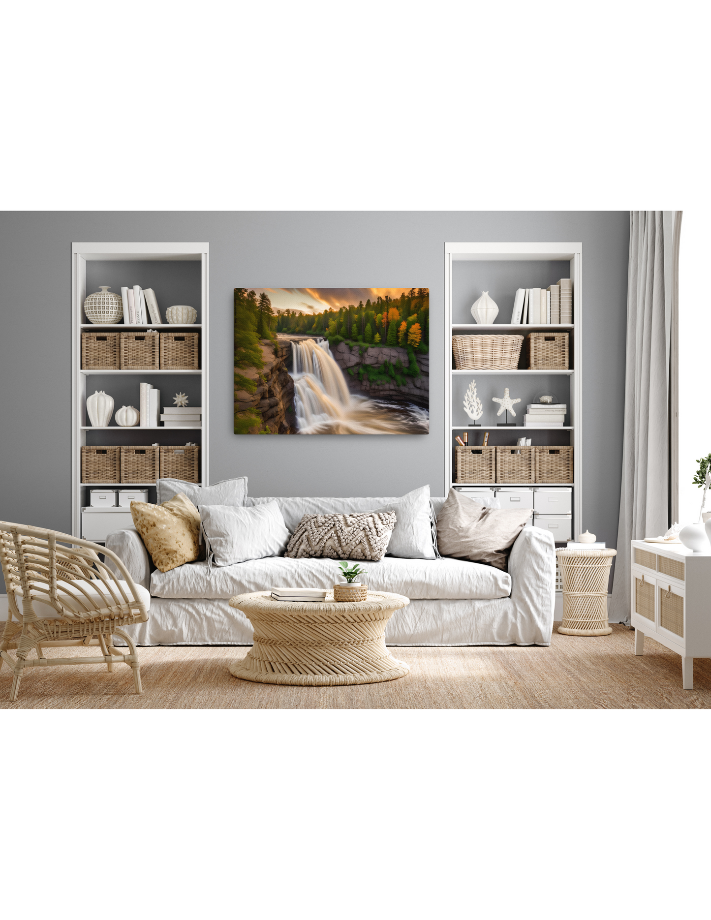*Waterfall Sunset Landscape Canvas, Tranquil Natural Beauty Artwork