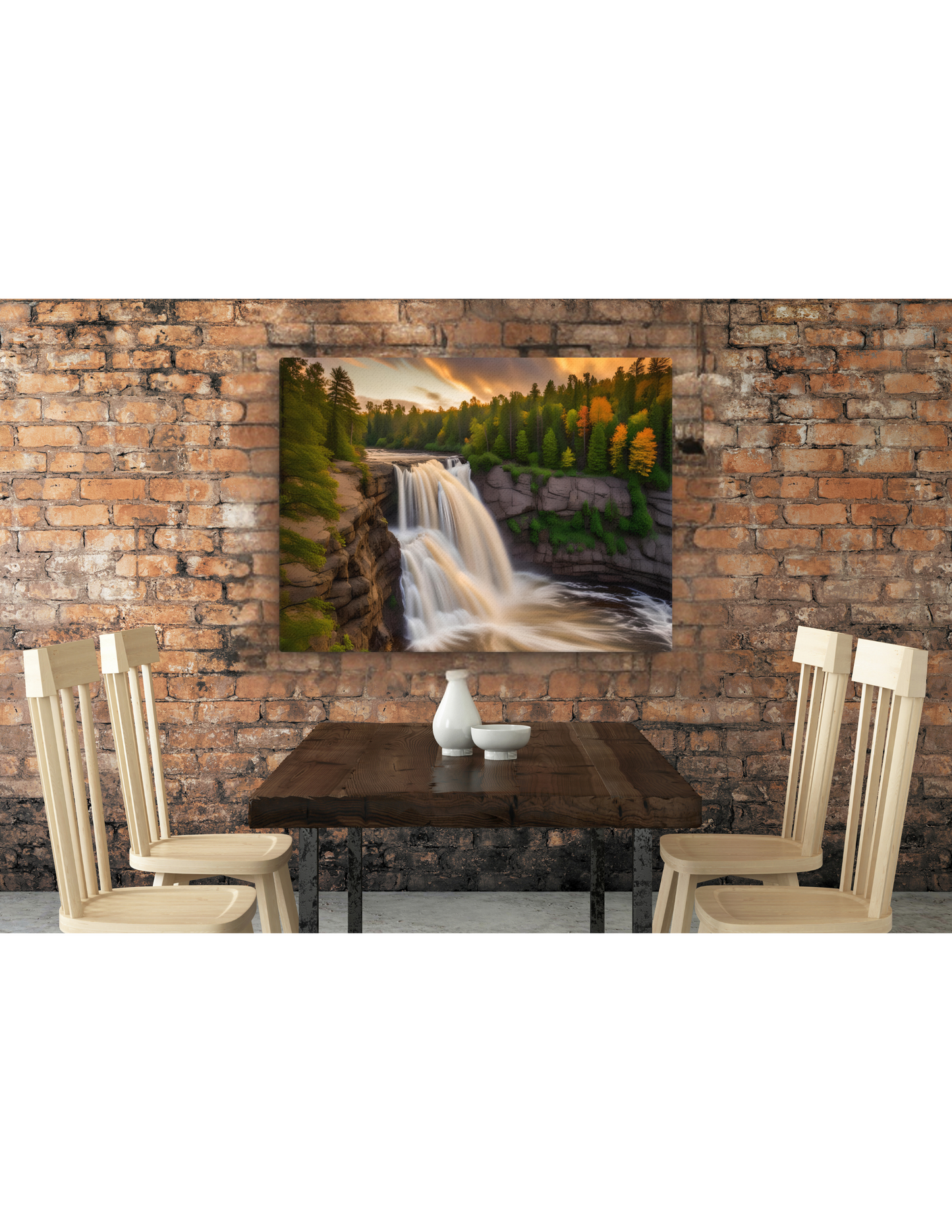 *Waterfall Sunset Landscape Canvas, Tranquil Natural Beauty Artwork