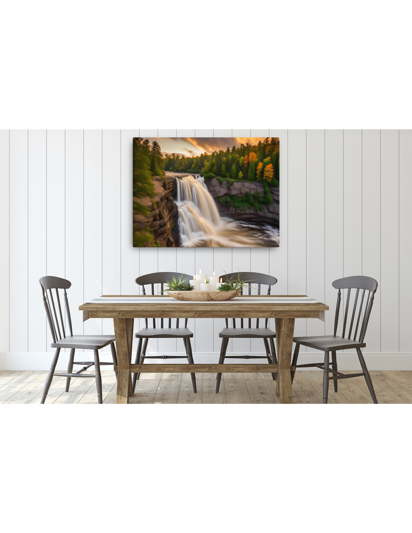 *Waterfall Sunset Landscape Canvas, Tranquil Natural Beauty Artwork