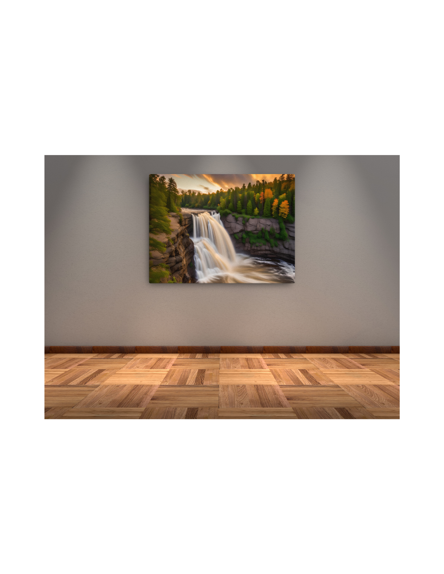 *Waterfall Sunset Landscape Canvas, Tranquil Natural Beauty Artwork