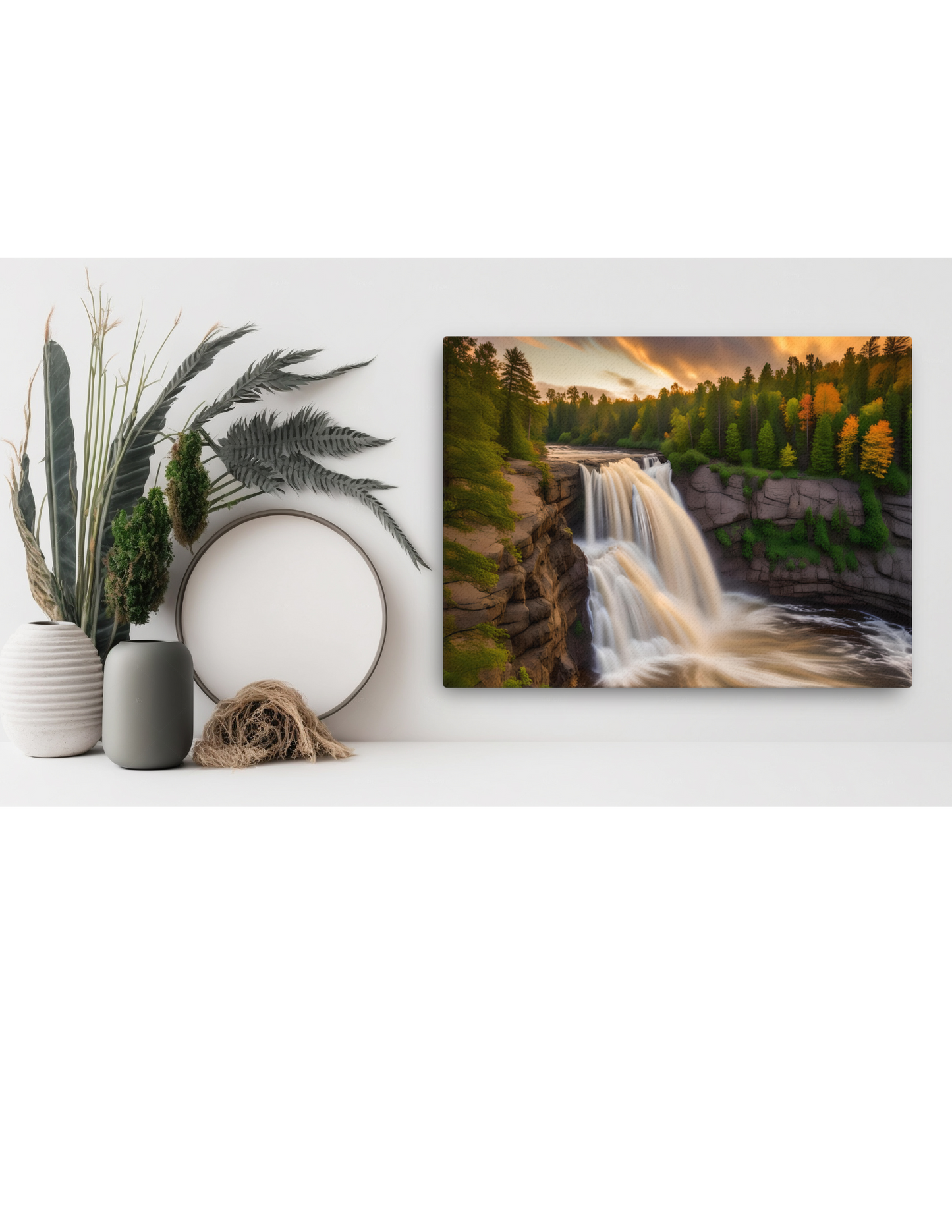 *Waterfall Sunset Landscape Canvas, Tranquil Natural Beauty Artwork