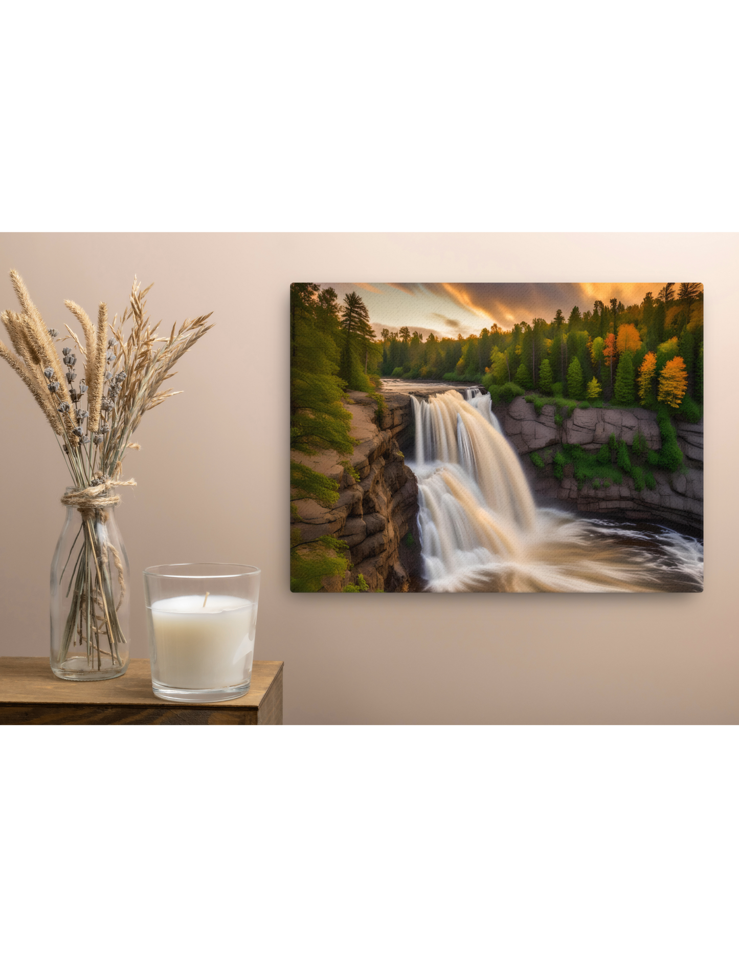 *Waterfall Sunset Landscape Canvas, Tranquil Natural Beauty Artwork