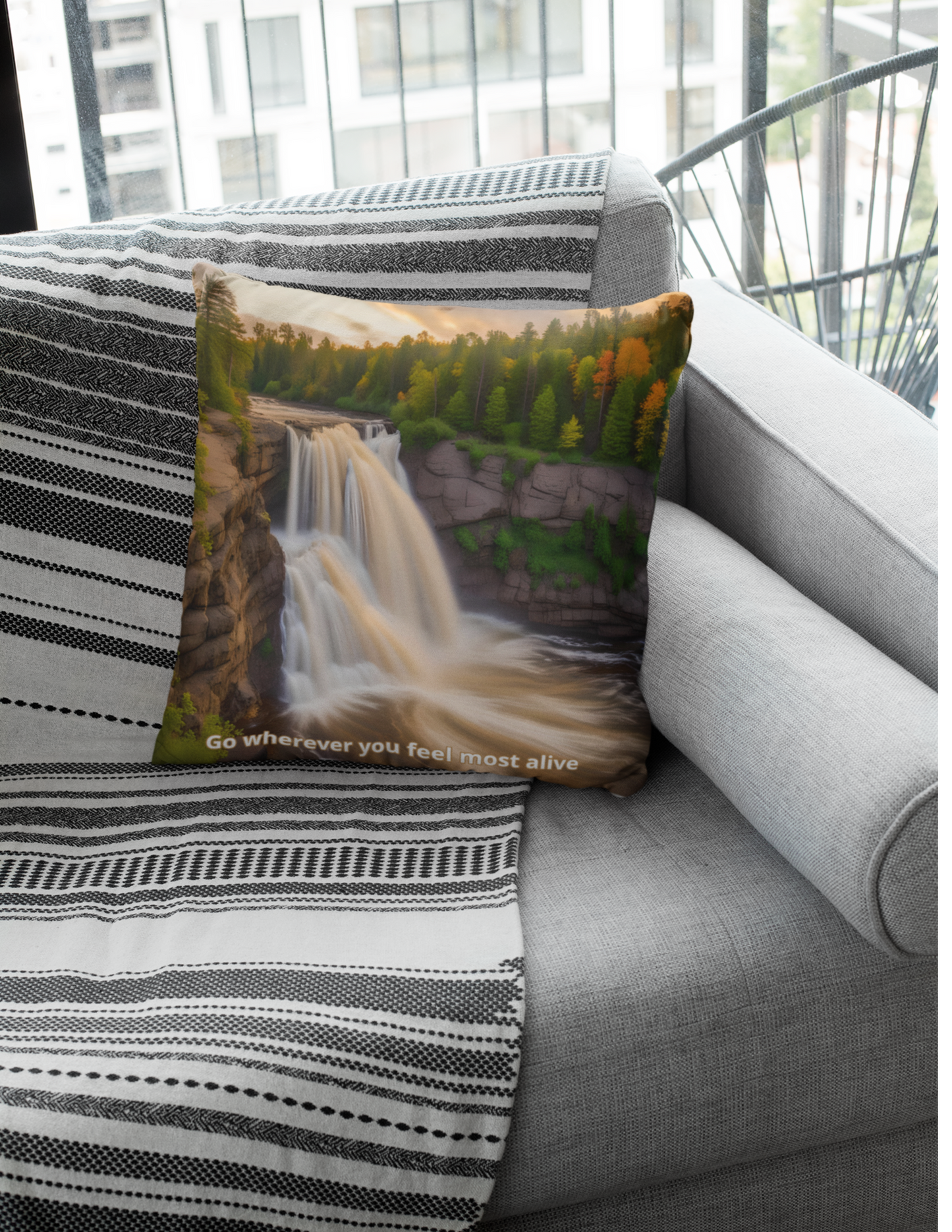 Northern Minnesota Waterfall Pillow, Cabin Lodge Home Decor