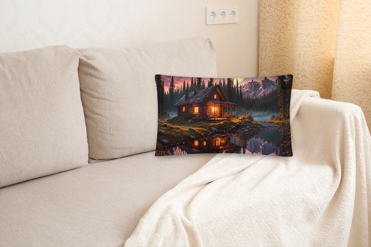 Cabin by Moonlight Pillow, Rustic Lodge Theme Decor