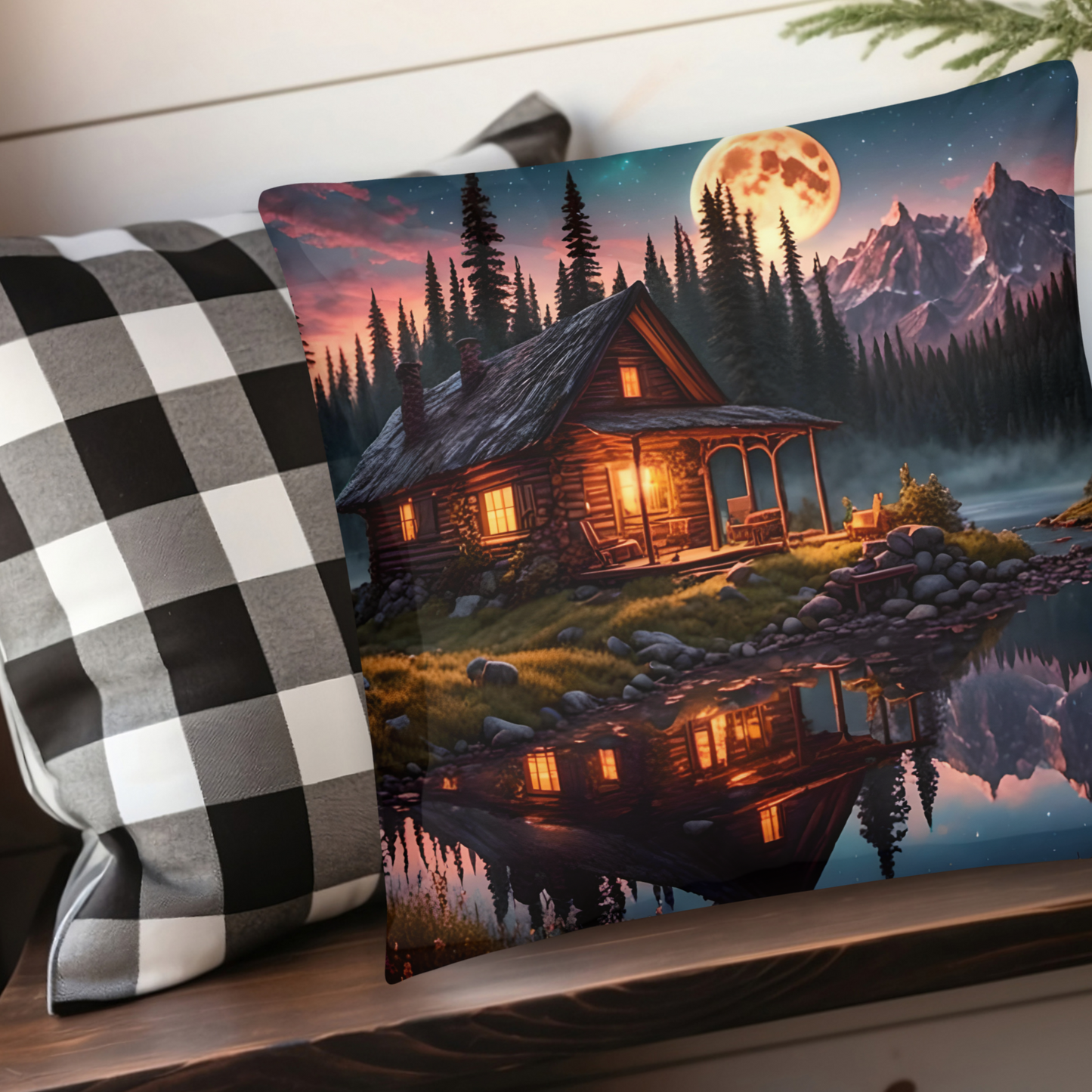 Cabin by Moonlight Pillow, Rustic Lodge Theme Decor