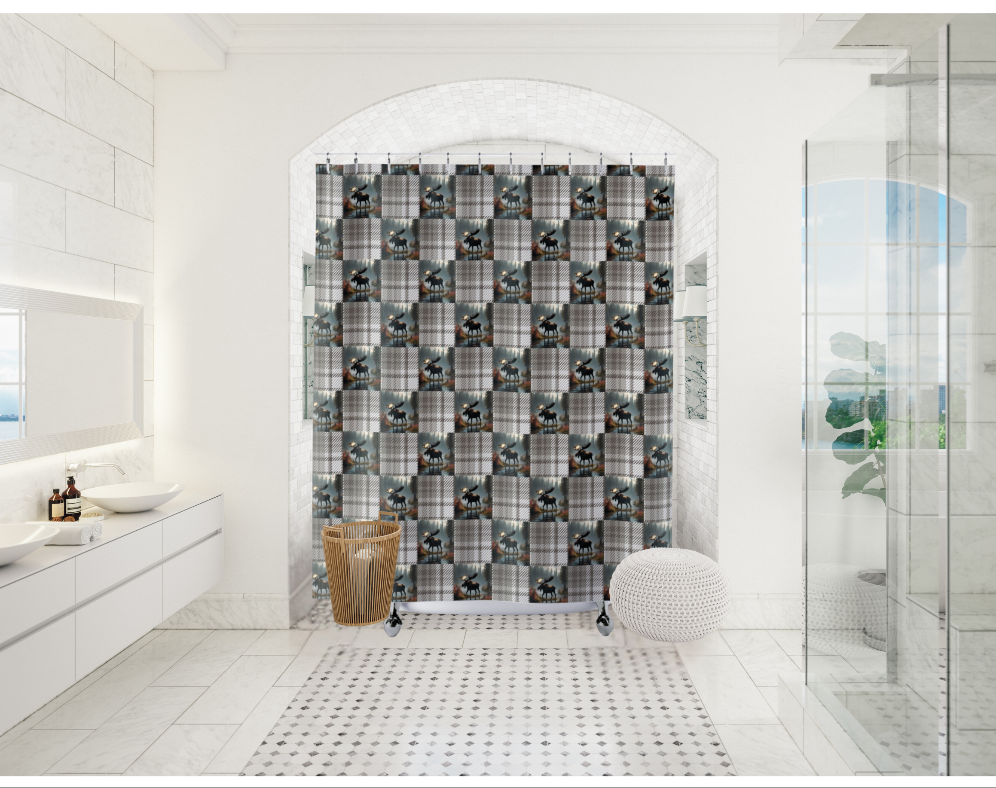 Plaid Moose Shower Curtain - Rustic Wildlife Bathroom Decor