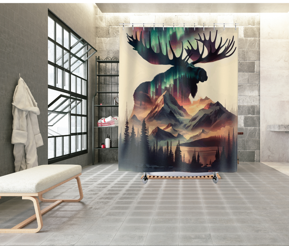 Moose Northern Lights Shower Curtain, Rustic Wildlife Bathroom Decor