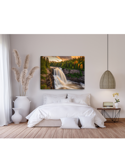 *Waterfall Sunset Landscape Canvas, Tranquil Natural Beauty Artwork