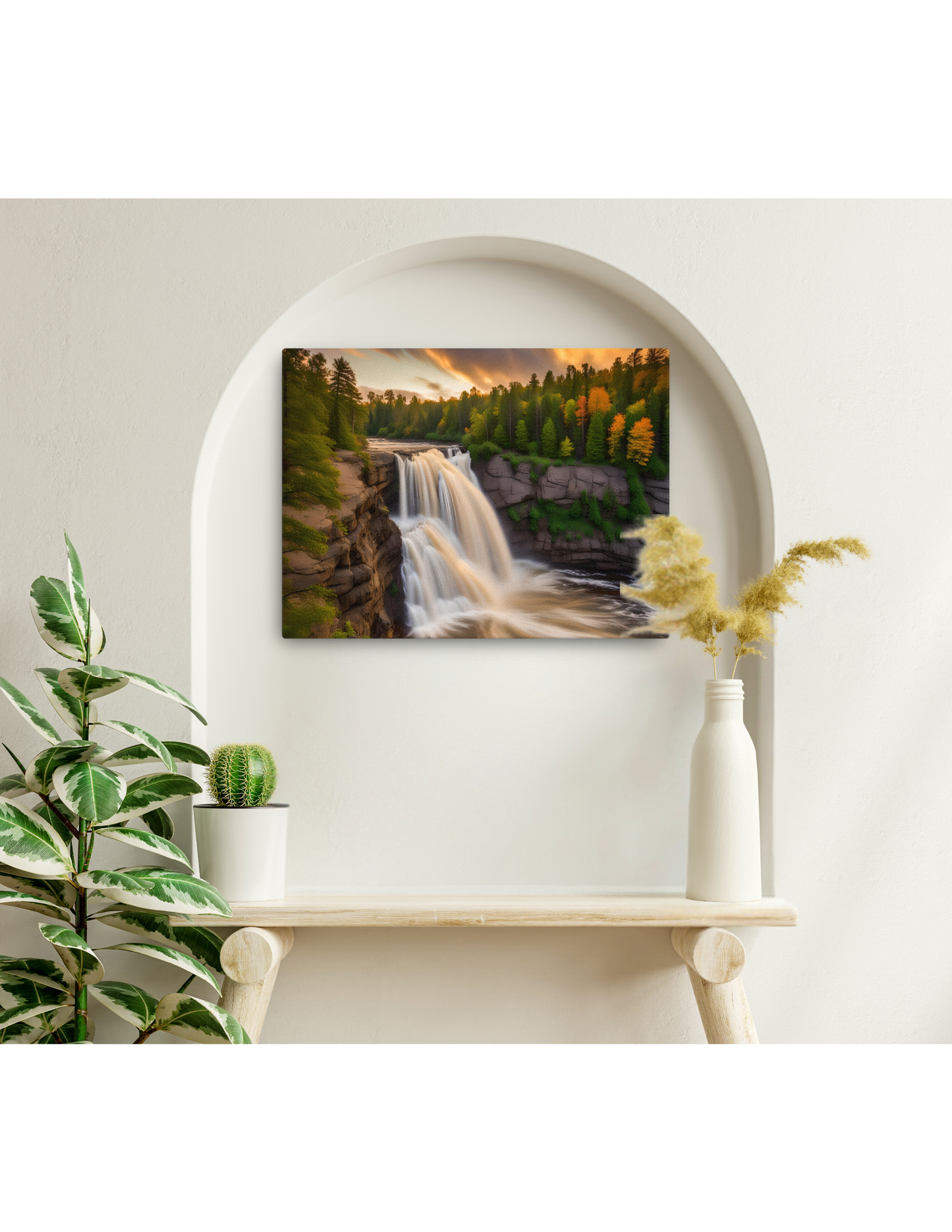 *Waterfall Sunset Landscape Canvas, Tranquil Natural Beauty Artwork