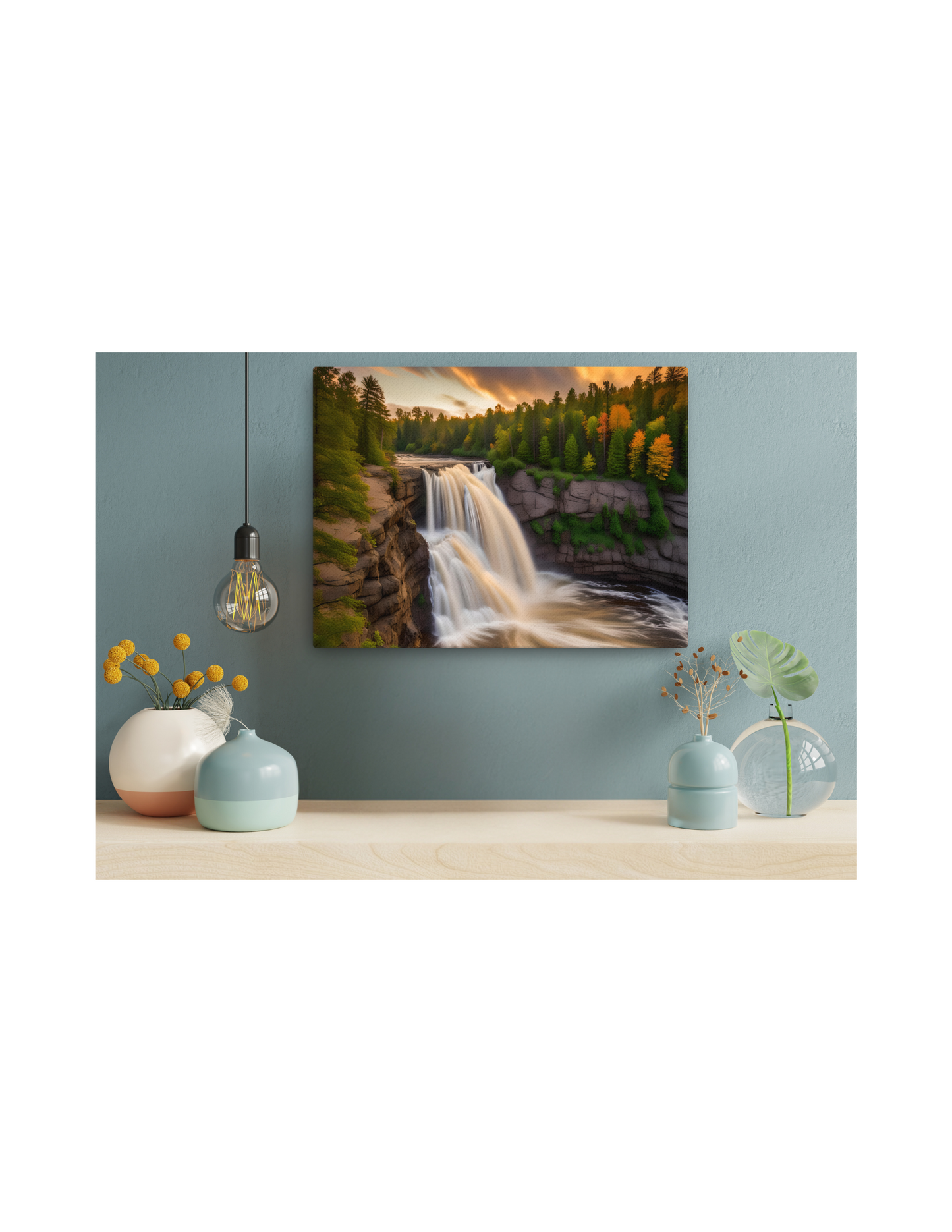 *Waterfall Sunset Landscape Canvas, Tranquil Natural Beauty Artwork