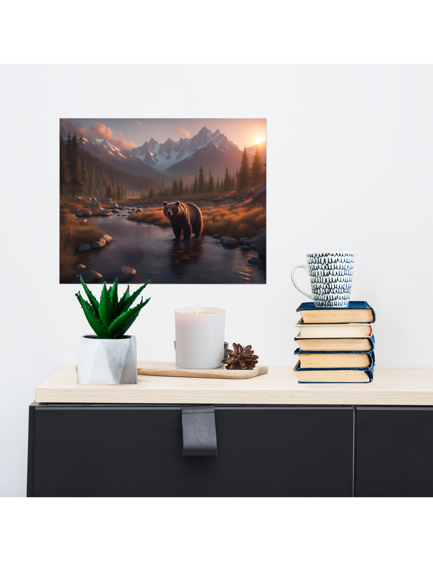 Bear in the Forest Poster, Mountain Cabin Landscape Artwork