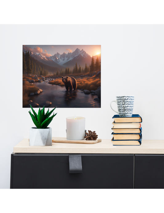 Bear in the Forest Poster, Mountain Cabin Landscape Artwork