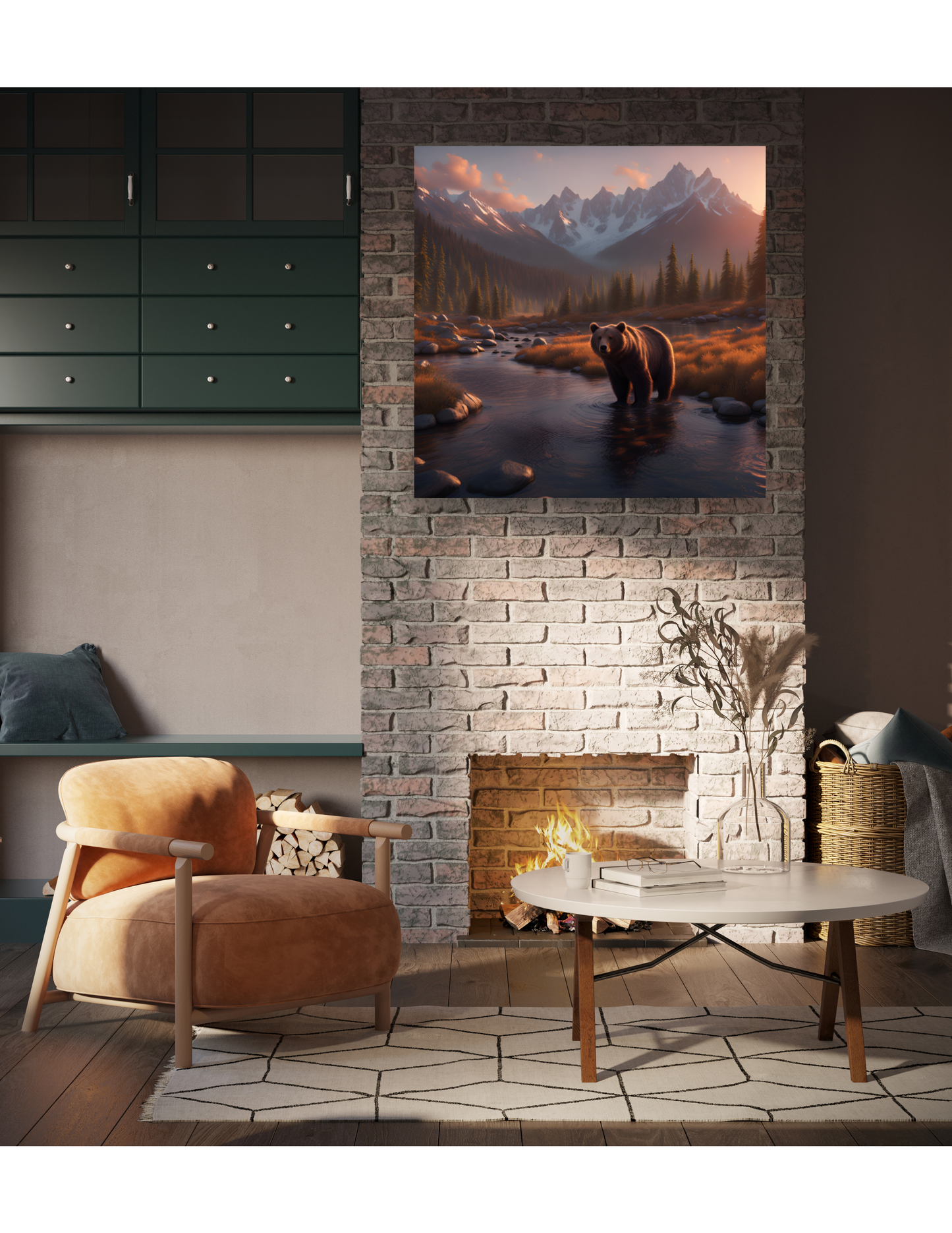 Bear in the Forest Poster, Mountain Cabin Landscape Artwork