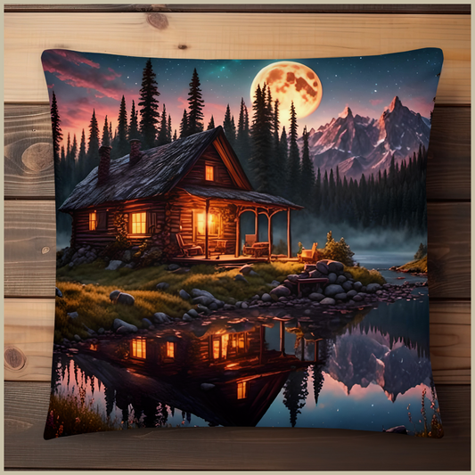 Cabin by Moonlight Pillow, Rustic Lodge Theme Decor