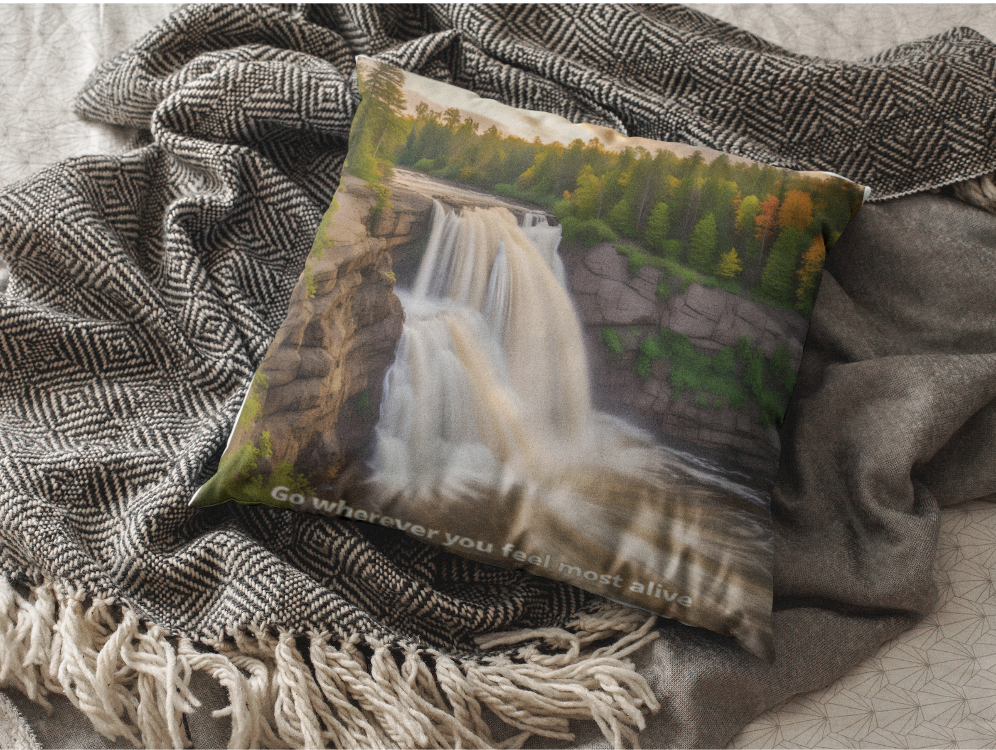 Northern Minnesota Waterfall Pillow, Cabin Lodge Home Decor