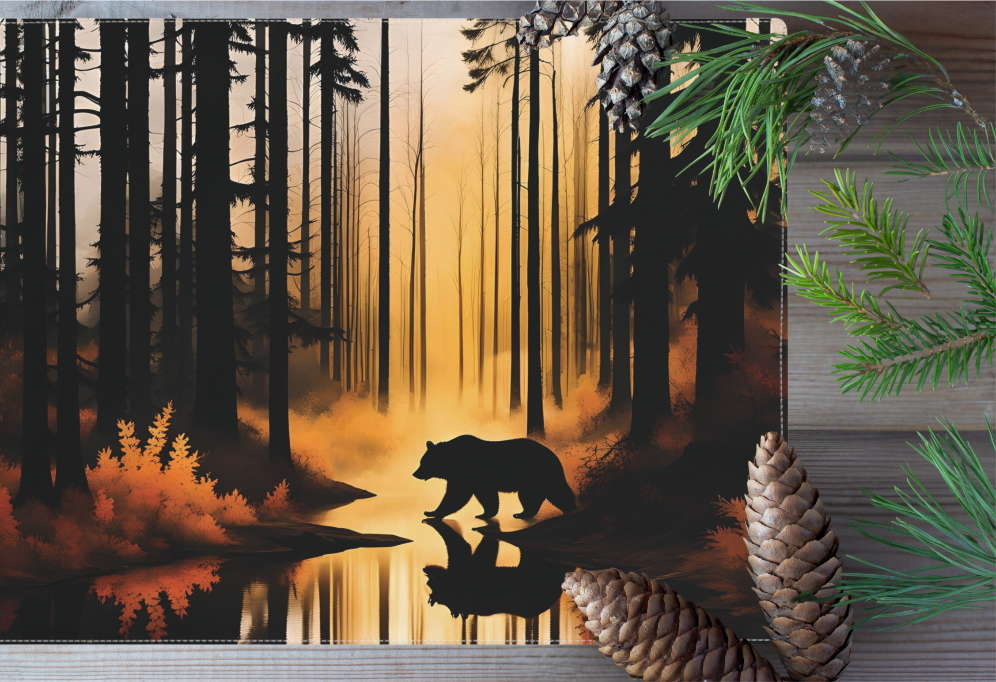 Bear in the Woods Rustic Placemats, Log Cabin Kitchen Table Linens