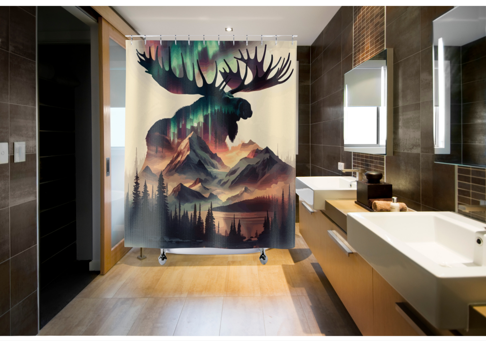 Moose Northern Lights Shower Curtain, Rustic Wildlife Bathroom Decor