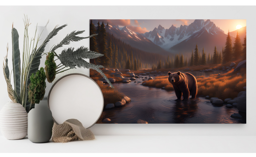 Bear in the Forest Poster, Mountain Cabin Landscape Artwork