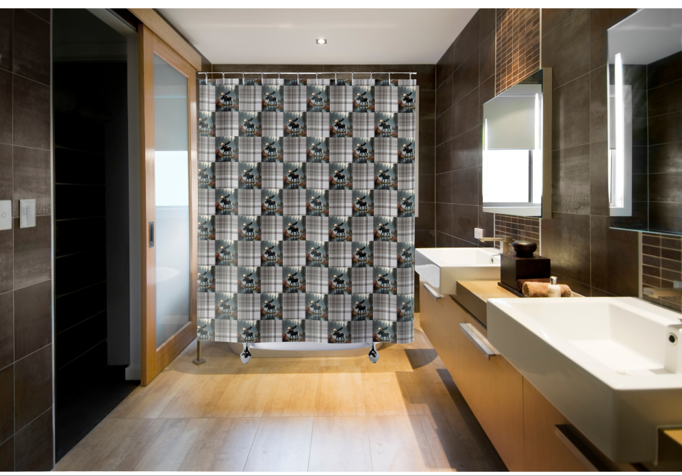 Plaid Moose Shower Curtain - Rustic Wildlife Bathroom Decor