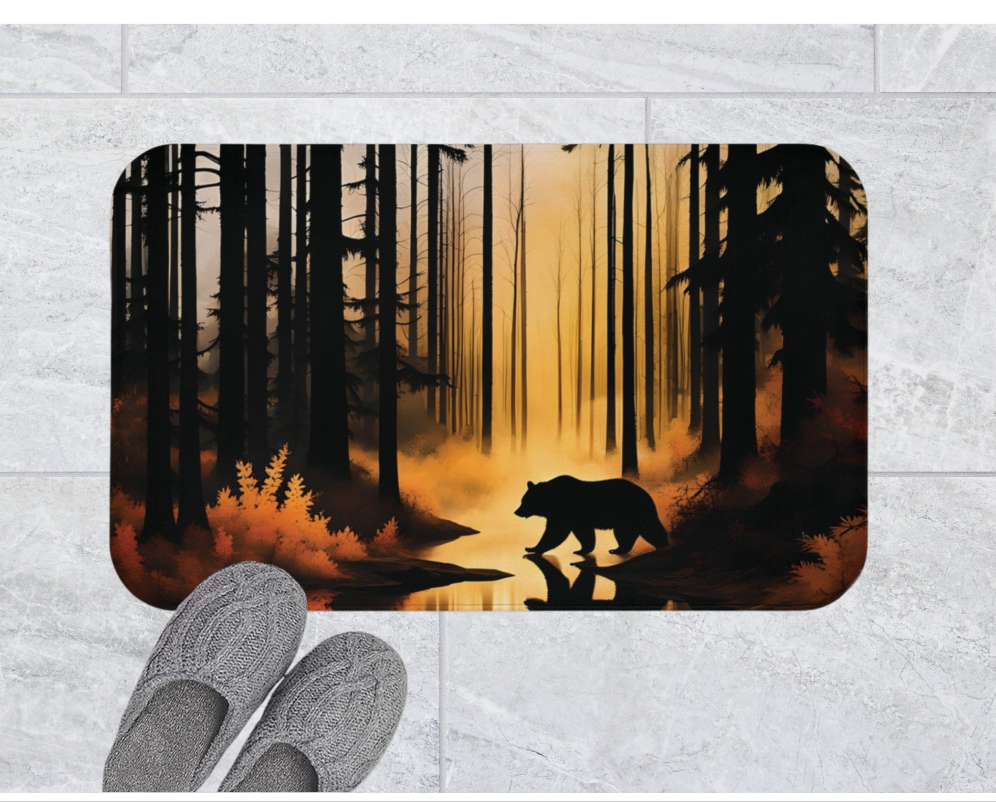 Bear in the Woods Bath Rug, Rustic Bathroom Shower Mat