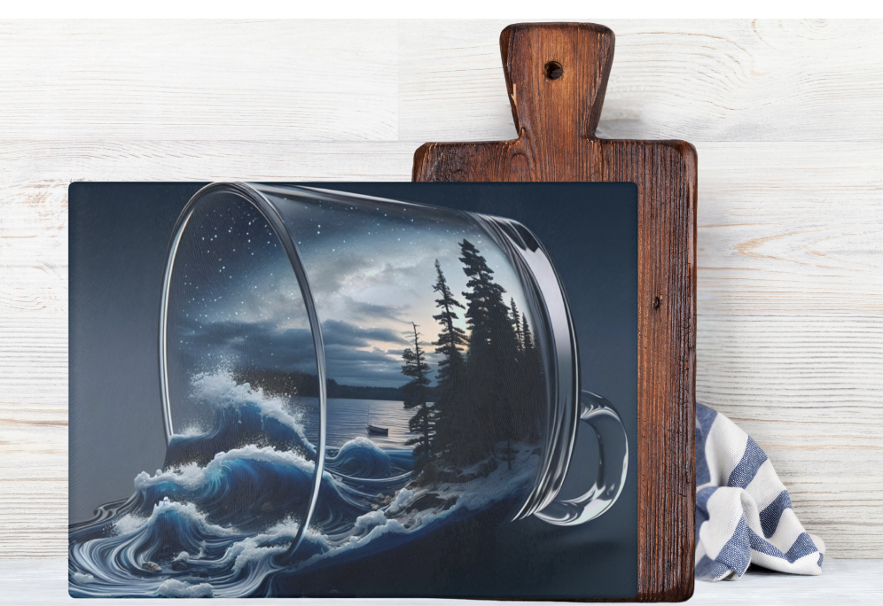 Nautical Glass Cutting Board, Lake Spilling Out Lakehouse Kitchen