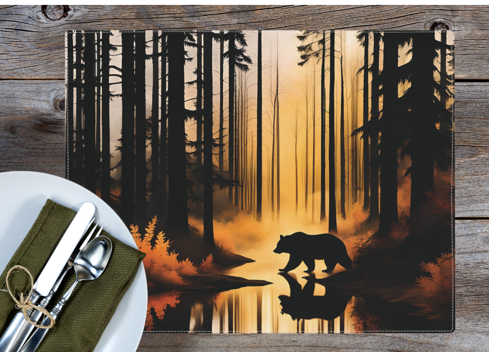 Bear in the Woods Rustic Placemats, Log Cabin Kitchen Table Linens