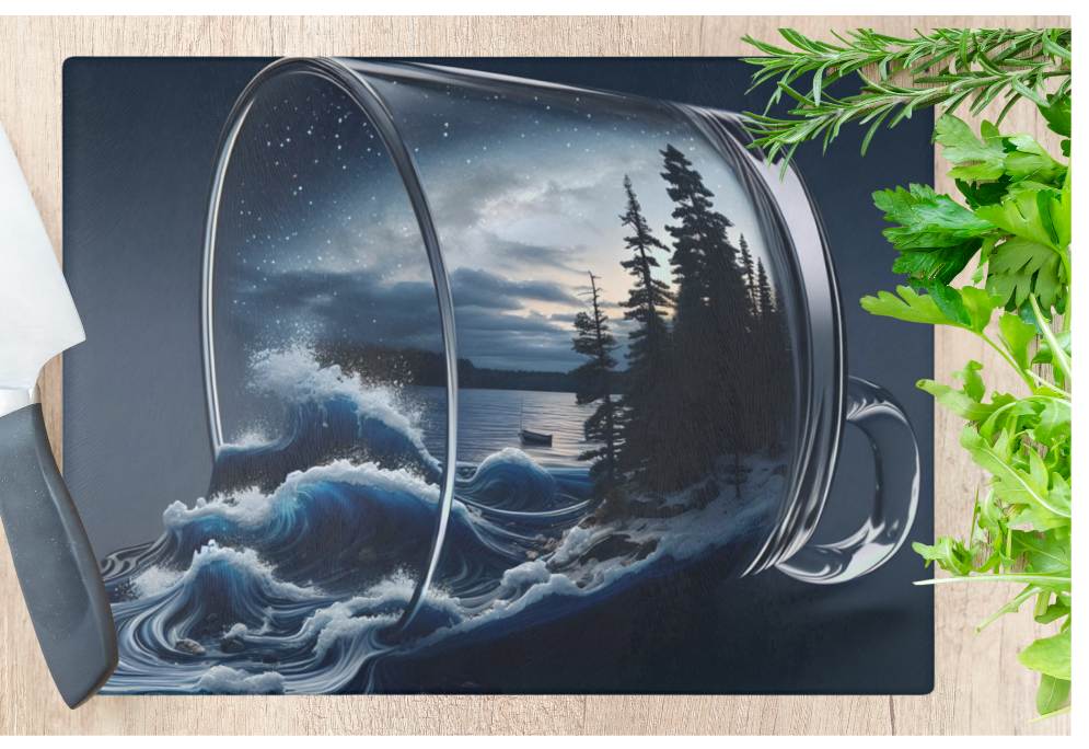 Nautical Glass Cutting Board, Lake Spilling Out Lakehouse Kitchen