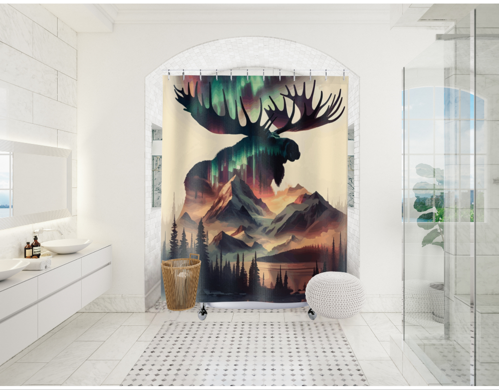 Moose Northern Lights Shower Curtain, Rustic Wildlife Bathroom Decor