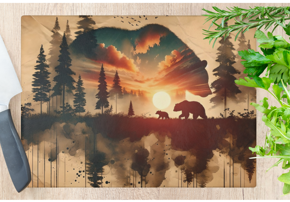 Double Exposure Bears Glass Cutting Board - Grizzlies National Parks