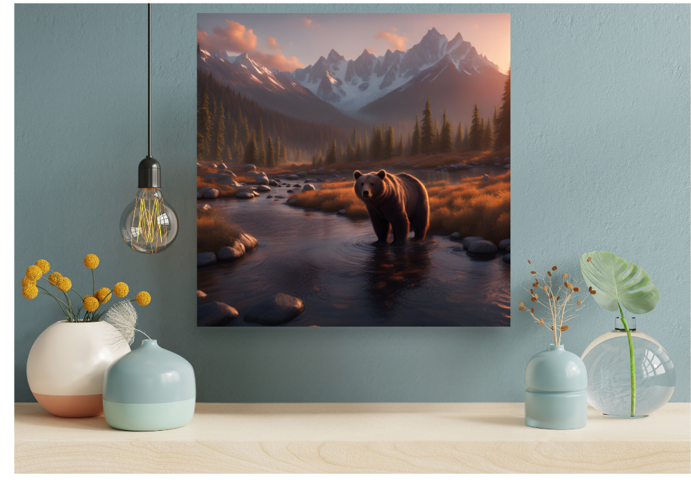 Bear in the Forest Poster, Mountain Cabin Landscape Artwork