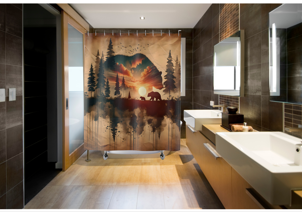 Double Bear Shower Curtain, Rustic Bathroom Decor