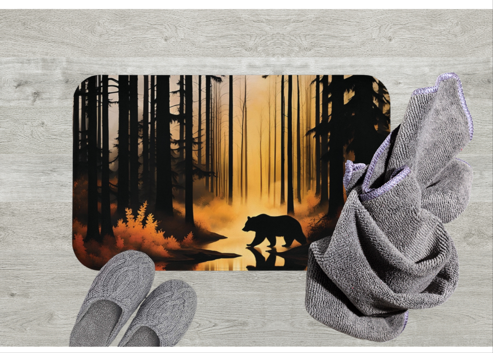 Bear in the Woods Bath Rug, Rustic Bathroom Shower Mat