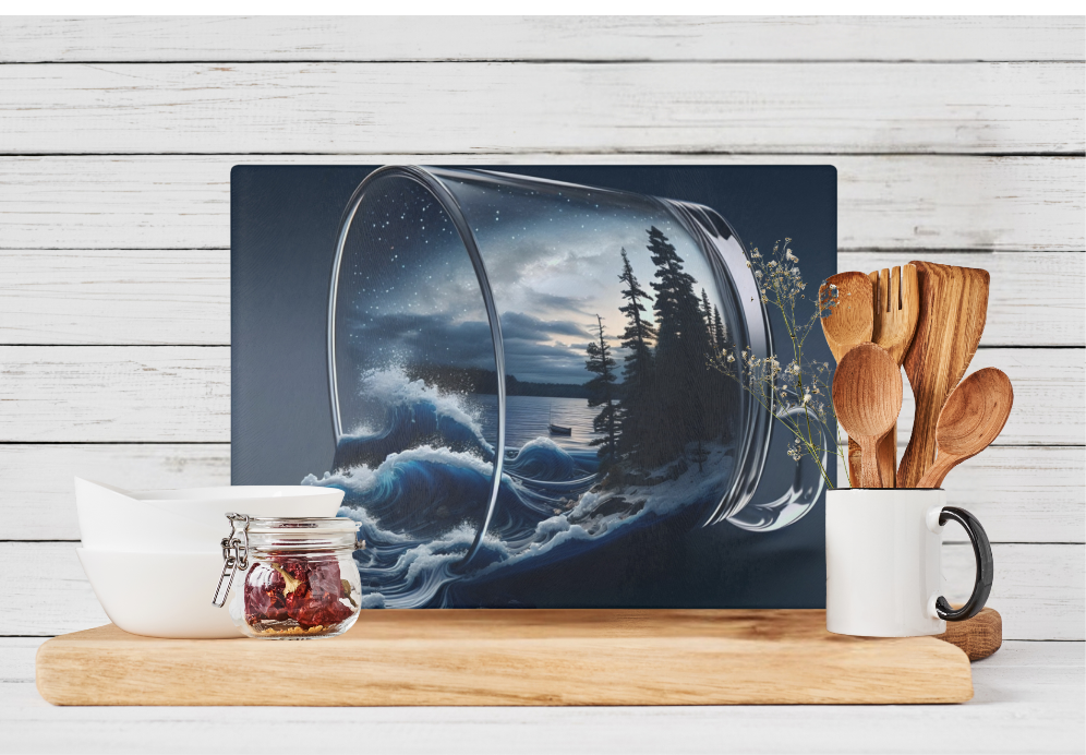 Nautical Glass Cutting Board, Lake Spilling Out Lakehouse Kitchen