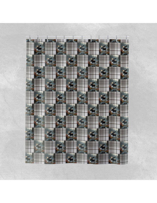 Plaid Moose Shower Curtain - Rustic Wildlife Bathroom Decor