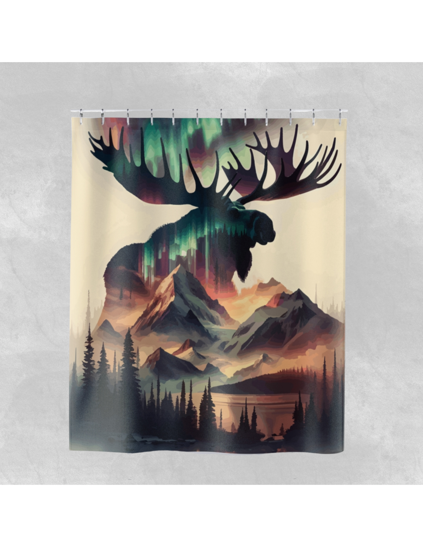 Moose Northern Lights Shower Curtain, Rustic Wildlife Bathroom Decor