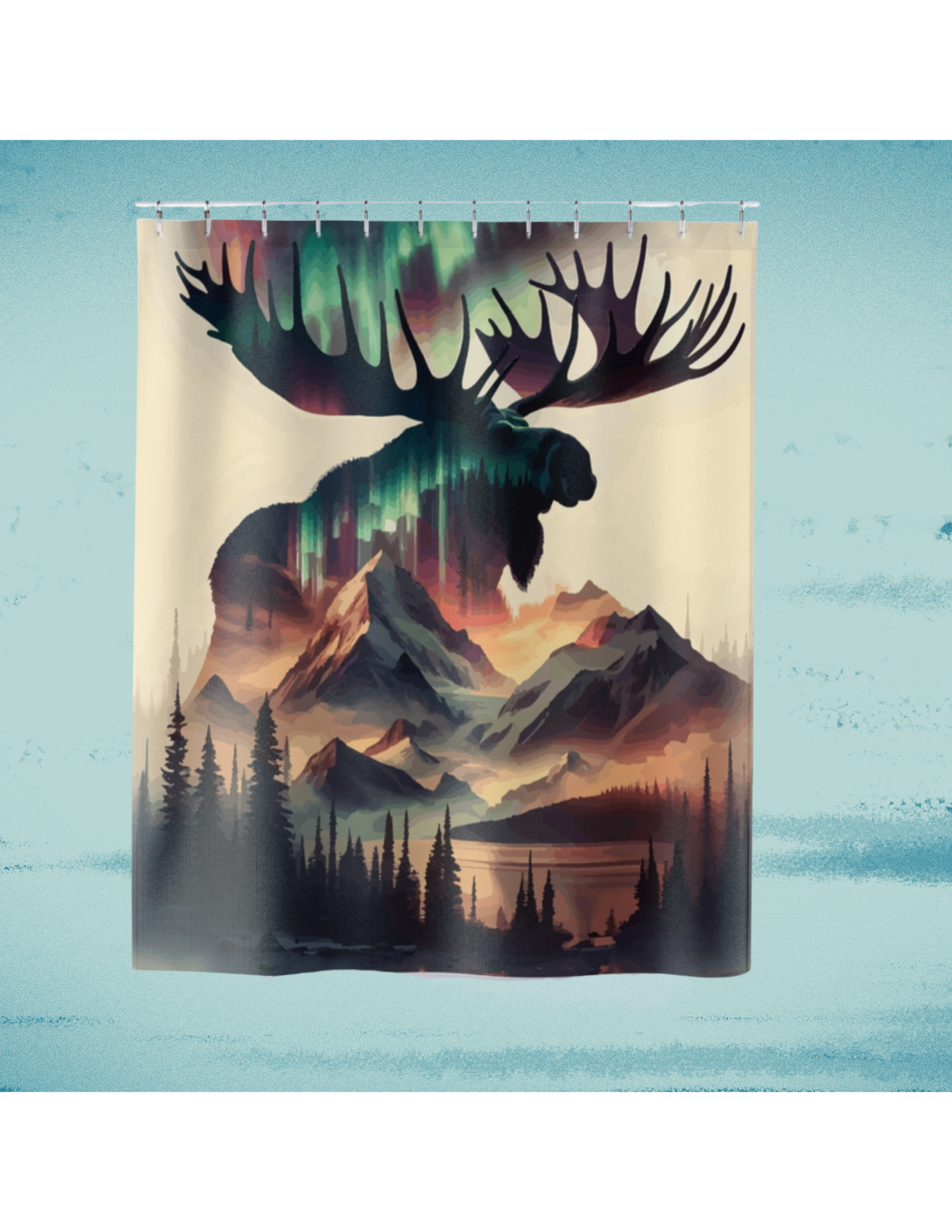 Moose Northern Lights Shower Curtain, Rustic Wildlife Bathroom Decor